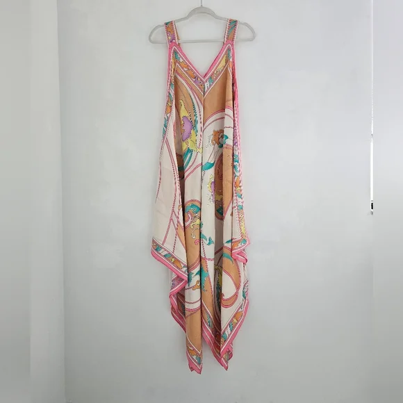 BRIJO Vintage Pastel Rolled Jacquard Silk Hankerchief V Tank Maxi Dress - Picture 9 of 16